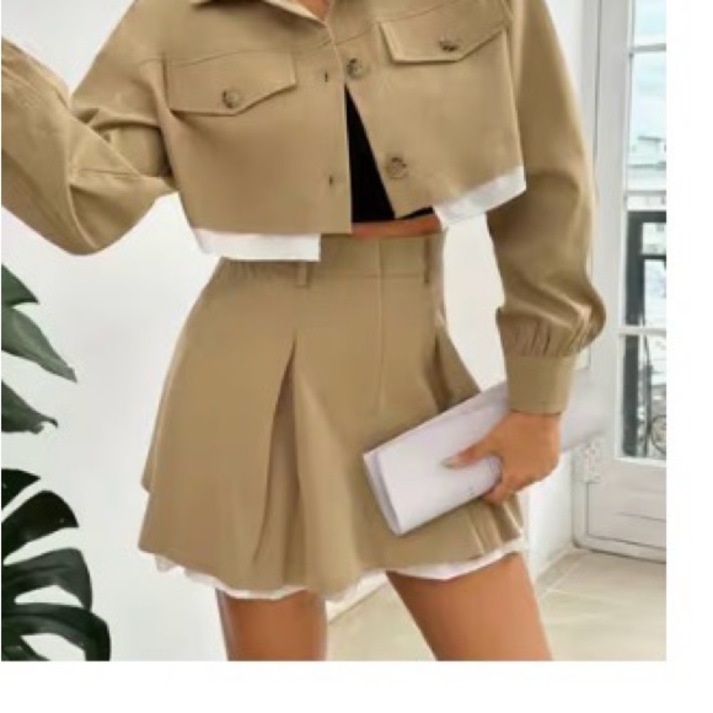 Cropped Button-Up Jacket and Pleated Mini Skirt Set in Khaki